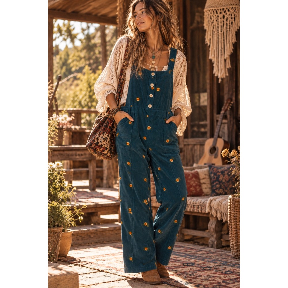 Cider Teal Blue Corduroy Daisy Embroidered Wide Leg Overalls Womens Large